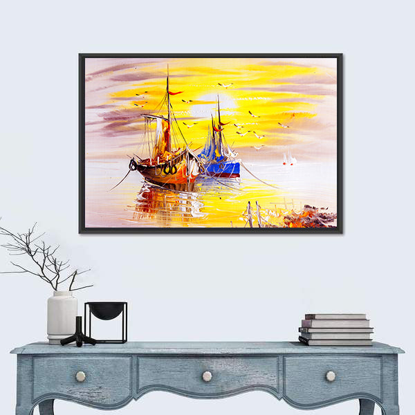 Boats With Sunset Canvas Wall Art