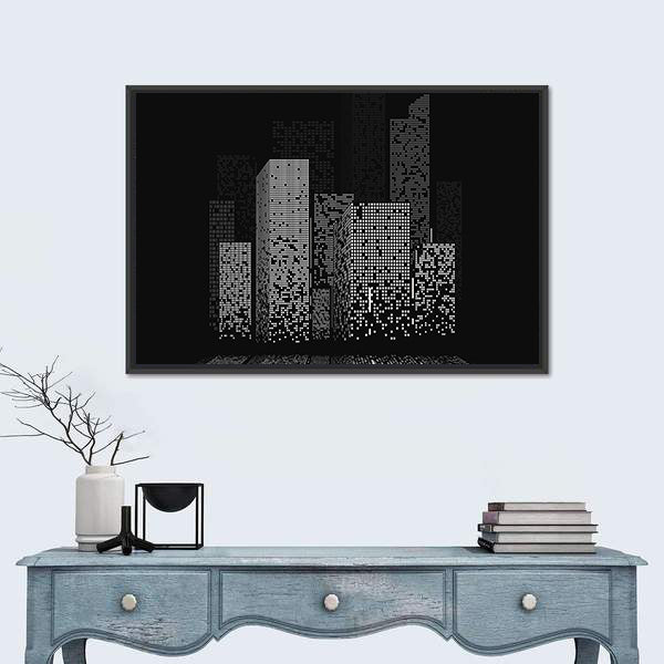 Pixelated Night City Skyline Canvas Wall Art