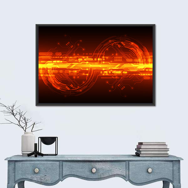 Orange Glowing Circuit Board Interface Canvas Wall Art