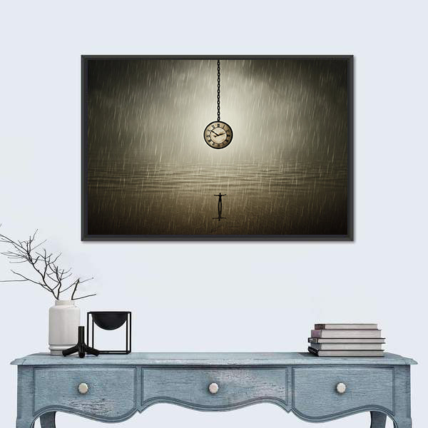 Rainy Night Silhouette with Pocket Watch Canvas Wall Art