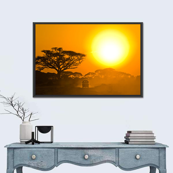 Safari Jeep Driving Through Savannah In The Sunset Africa Canvas Wall Art
