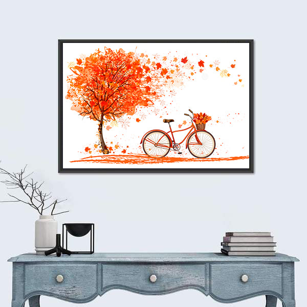 Bicycle Under Autumn Tree Canvas Wall Art