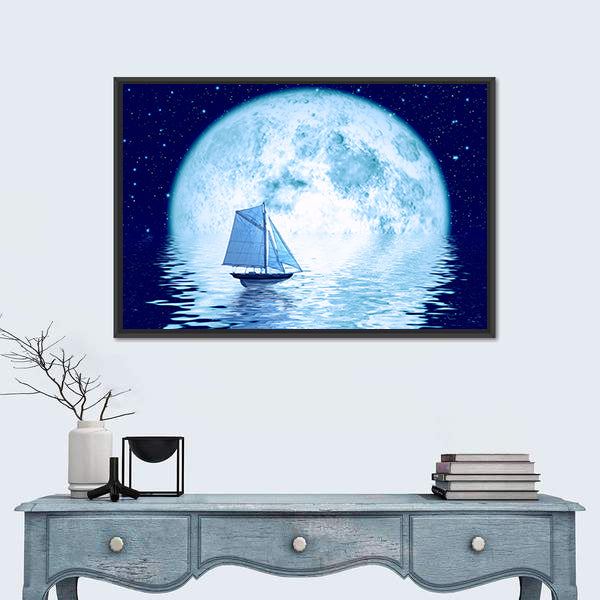 Sailing Ship Under Full Moon Canvas Wall Art