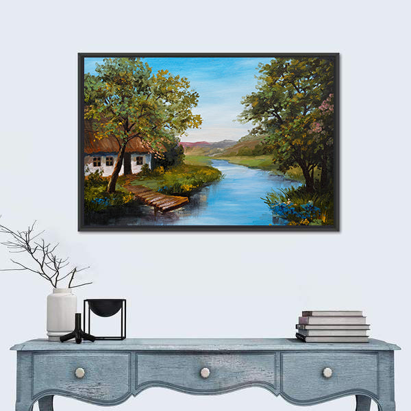 Thatched Cottage by the River Canvas Wall Art
