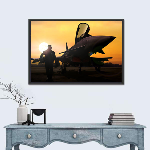 Military Pilot &amp; Aircraft At Airfield Canvas Wall Art