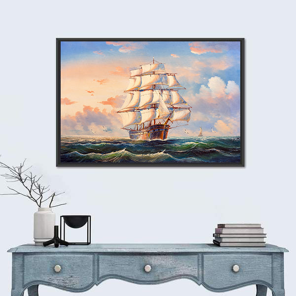 Sailing Boat In Storm Canvas Wall Art