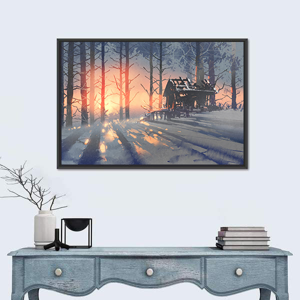 Abandoned House in Winter Forest Canvas Wall Art