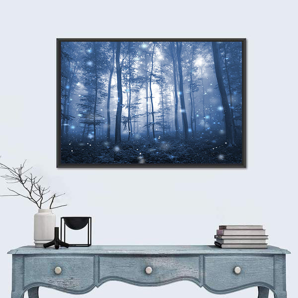 Blue Fog Forest with Glowing Orbs Canvas Wall Art