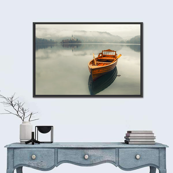 Rowboat on Foggy Lake with Island Church Canvas Wall Art