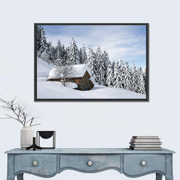 Alpine Hut Under Snow Canvas Wall Art