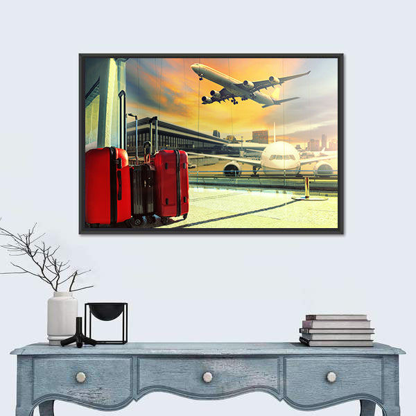 Red Suitcases and Plane at Sunset Canvas Wall Art
