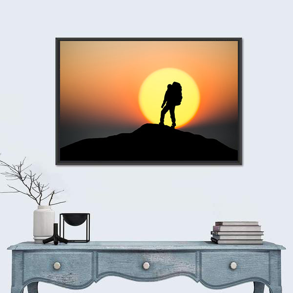 Silhouette Of Rock Climber On The Peak Canvas Wall Art