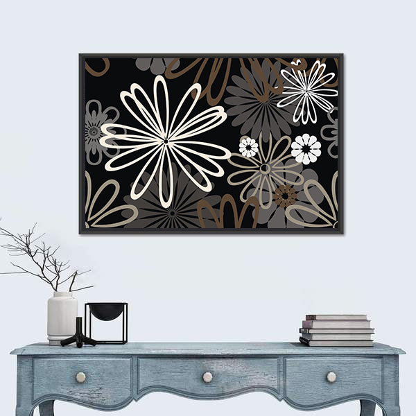 Retro Abstract Floral in Black and White Canvas Wall Art