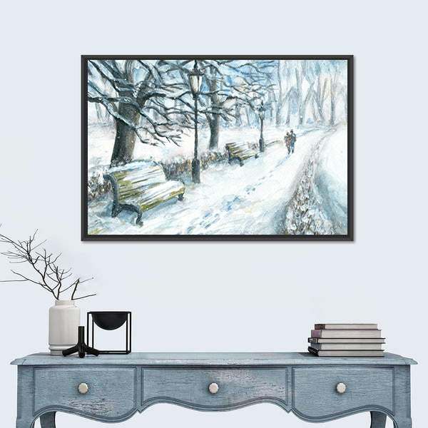 Winter Park With Walking Couple Canvas Wall Art