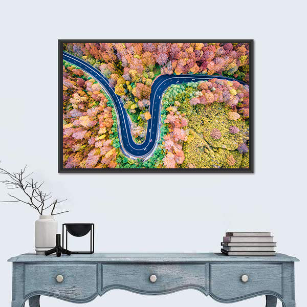 Curved Winding Road Through The Forest Canvas Wall Art