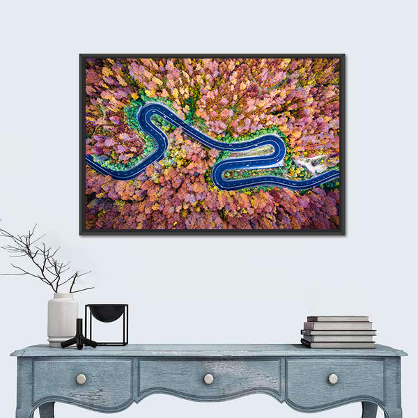 Curved Winding Road Through The Forest Canvas Wall Art