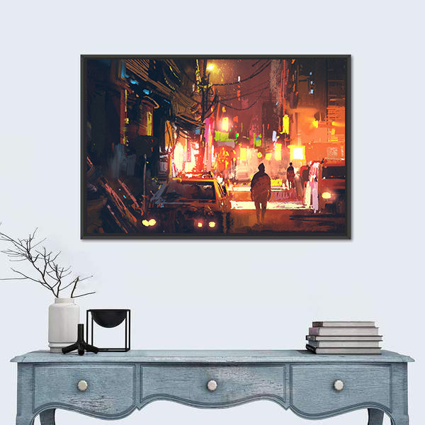 Rain-soaked Old Street in Futuristic City Canvas Wall Art