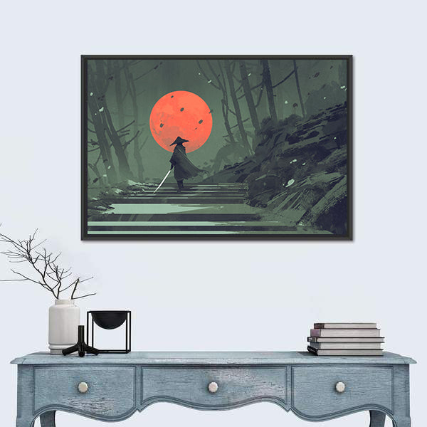 Samurai Standing On Stairway In Night Forest Under Red Moon Canvas Wall Art