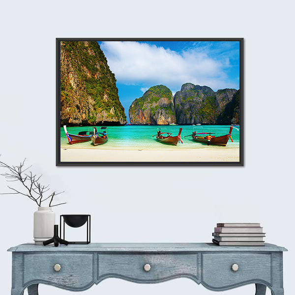 Tropical Beach And Traditional Long Tail Boats In Maya Bay Canvas Wall Art