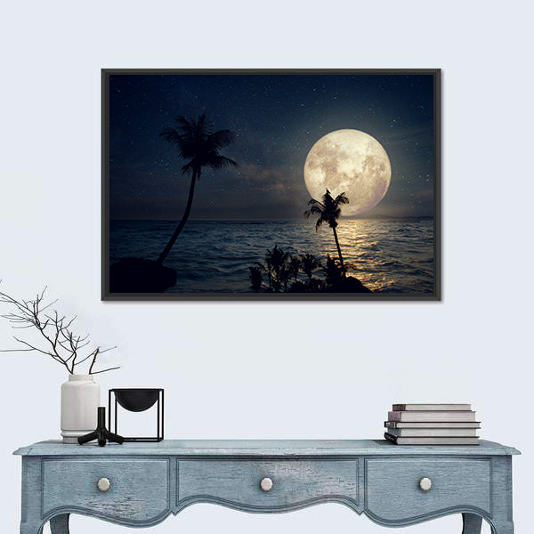 Tropical Beach Under Full Moon Canvas Wall Art