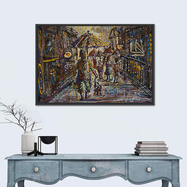 Rainy City Street with Umbrella Canvas Wall Art