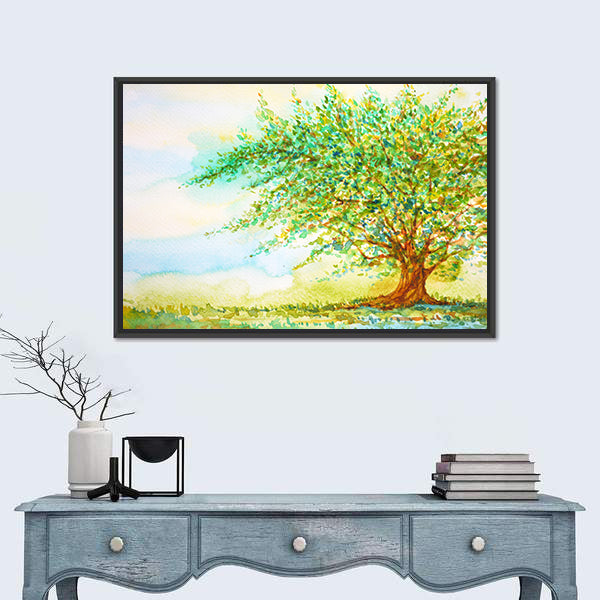 Big Tree In Grass Field Canvas Wall Art