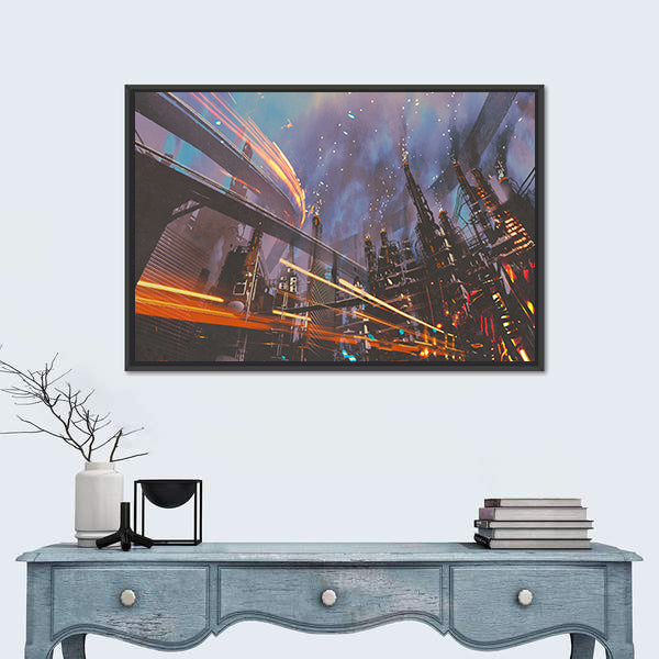 Futuristic Industrial Cityscape at Night Canvas Wall Art