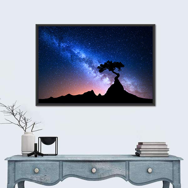 Alone Tree Under Starry Sky Canvas Wall Art
