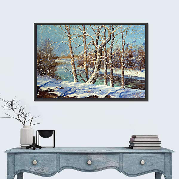 Winter River with Snowy Bank Canvas Wall Art