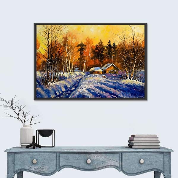 Evening In Winter Village Canvas Wall Art
