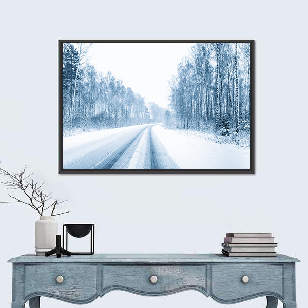 Snow Covered Open Road In Winter Canvas Wall Art