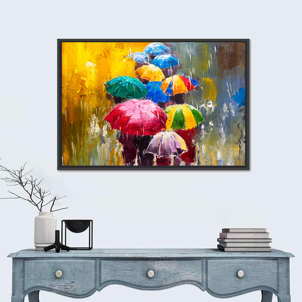 Rainy Street with Colorful Umbrellas Canvas Wall Art