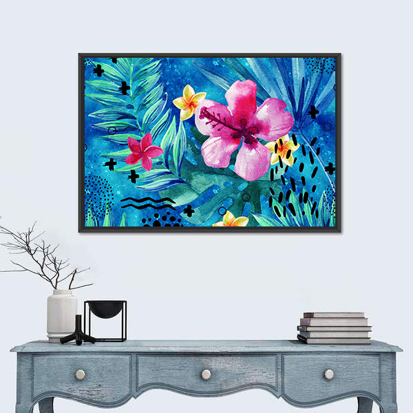 Tropical Hibiscus and Palm Leaf Pattern Canvas Wall Art