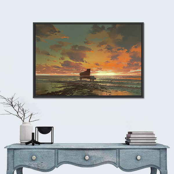 Surreal Piano On Beach Sunset Canvas Wall Art