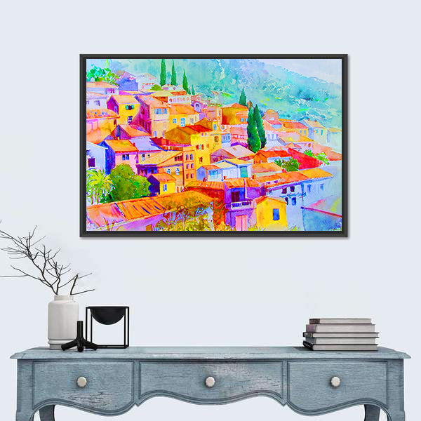 Village View On Hill Mountain Canvas Wall Art