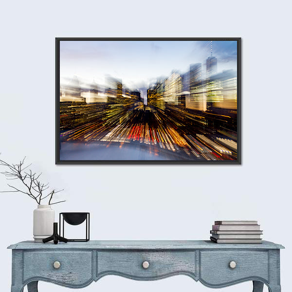 New York City Downtown Building Lights At Dusk In Manhattan Canvas Wall Art