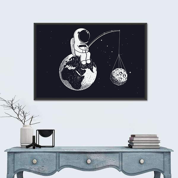 Little Astronaut Sitting on Earth Canvas Wall Art