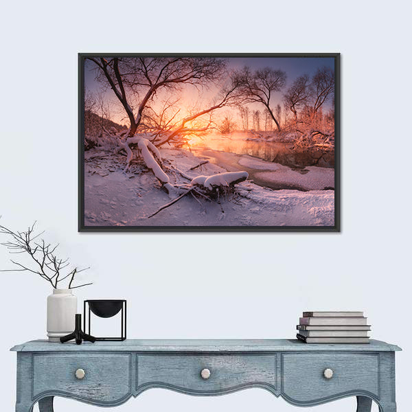 Frozen River At Sunset Canvas Wall Art