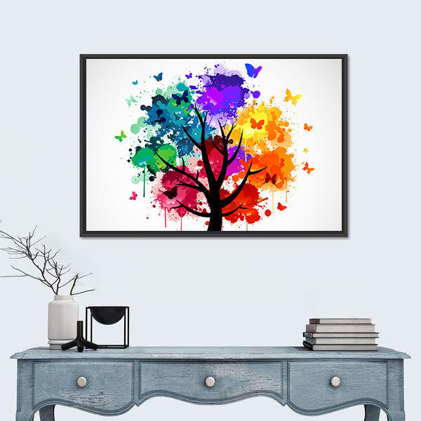 Colorful Butterflies On Tree Canvas Wall Art