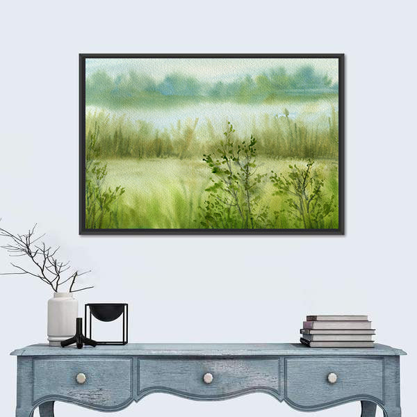 Fog At River With Grass Canvas Wall Art