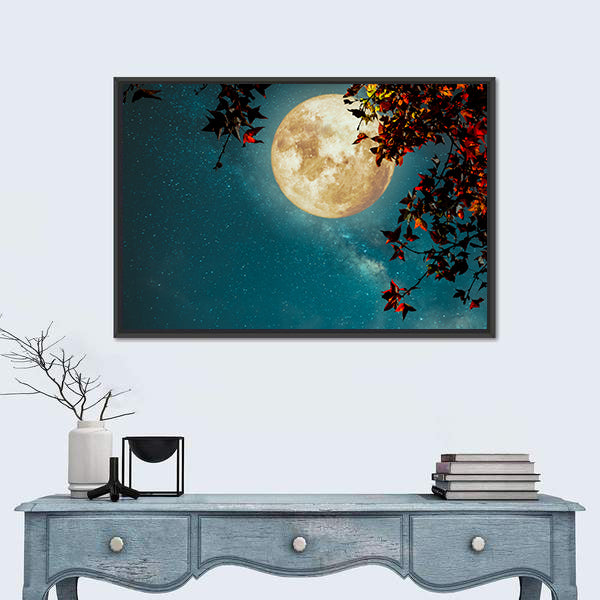Maple Tree Under Full Moon with Milky Way Canvas Wall Art