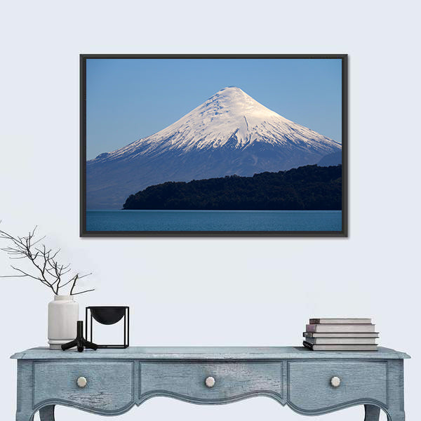 Snow-capped Volcano Over Calm Lake Canvas Wall Art