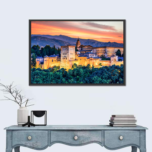 Alhambra Fortress At Sunset Canvas Wall Art
