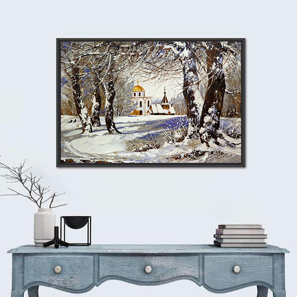 Church In Winter Wood Canvas Wall Art