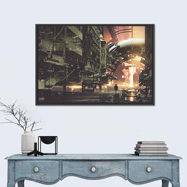 Cyberpunk City With Futuristic Buildings Canvas Wall Art