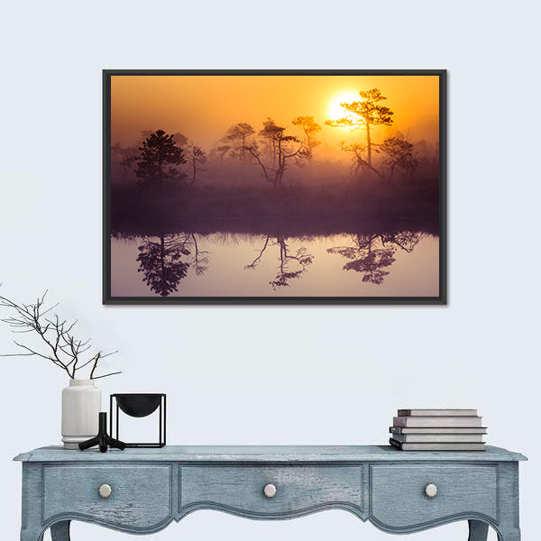 Sun Rising Above Misty Lake Canvas Wall Art