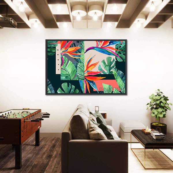 Watercolor Exotic Flowers and Tropical Leaves Canvas Wall Art