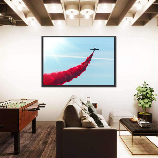 Airplane fly With Red Trail Smoke Canvas Wall Art