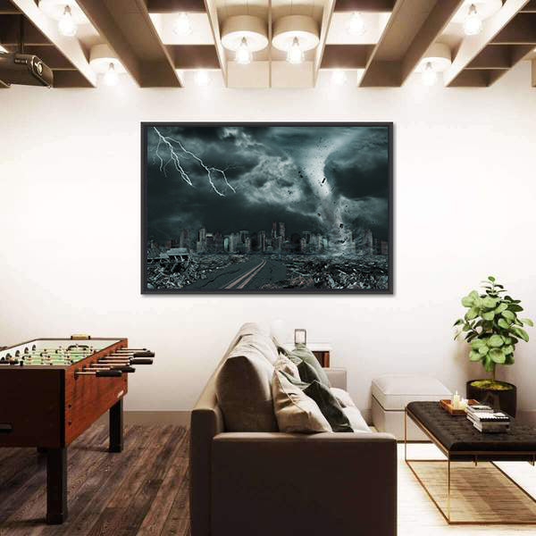 Tornado Over Ruined City Skyline Canvas Wall Art