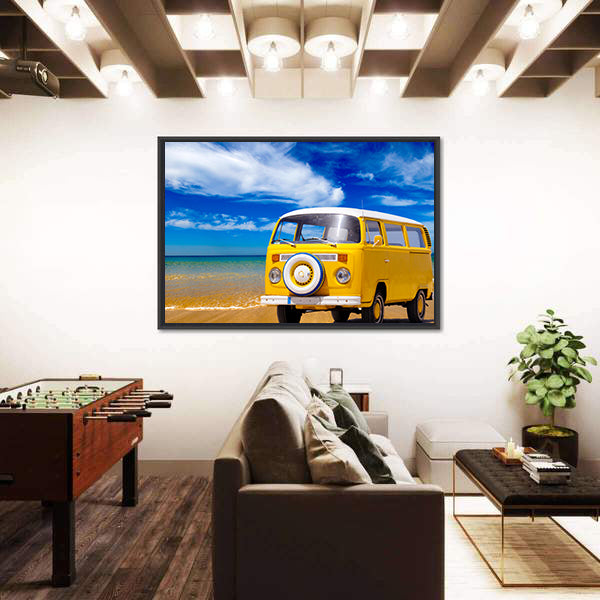 Yellow Vintage Van on Sandy Beach Canvas Wall Art